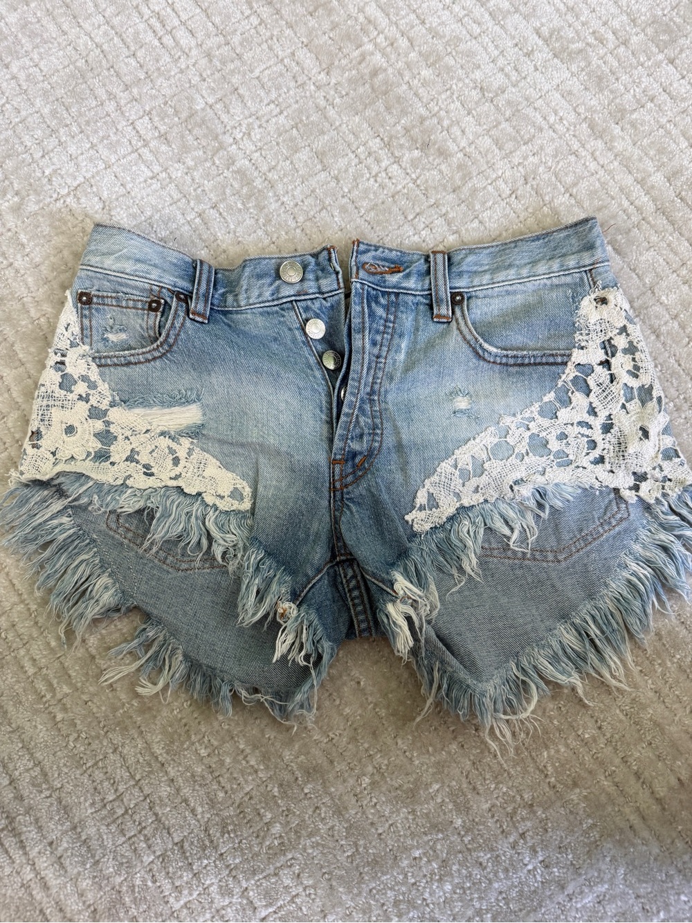 Free People Light Blue Denim Lace-Trim Cut-Off Frayed Shorts